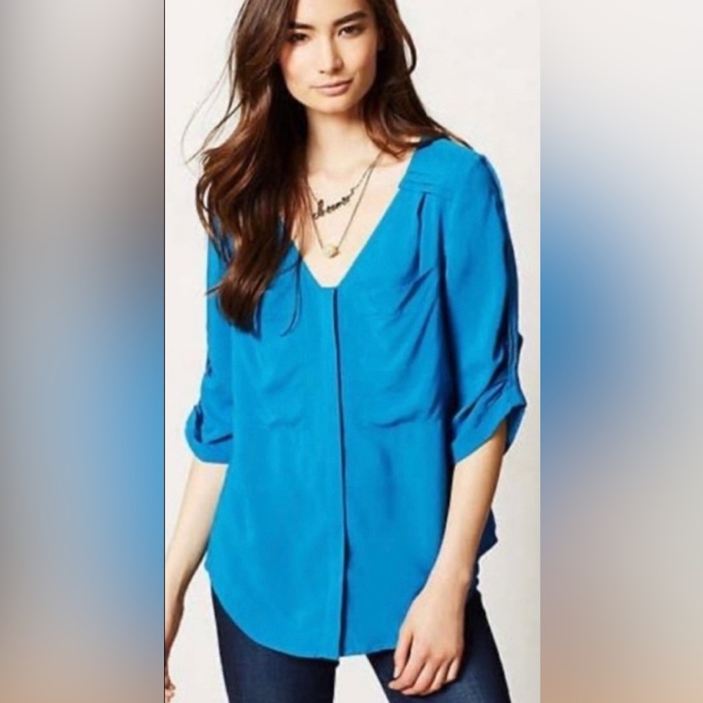 Anthropologie • Blue Edme & Esyllte 3/4 Sleeve Blouse, Size 12